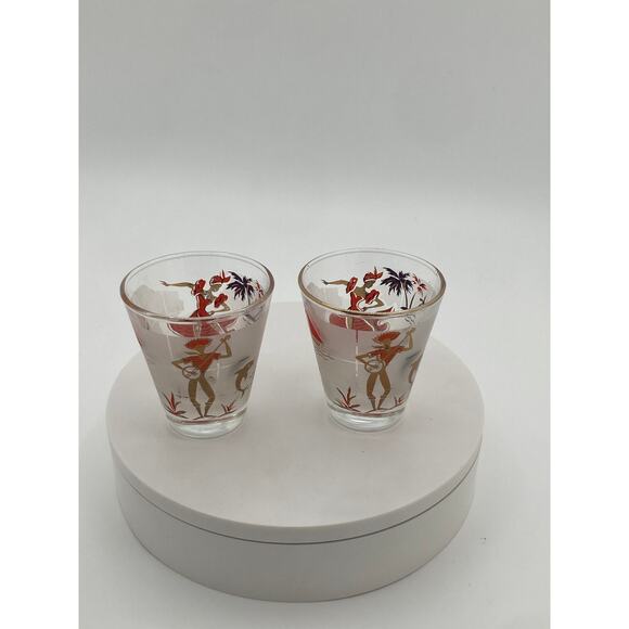 Vintage Hawaiian Hula Girl & Musician Shot Glasses Set – Red & Gold Tiki Barware - Picture 2 of 4